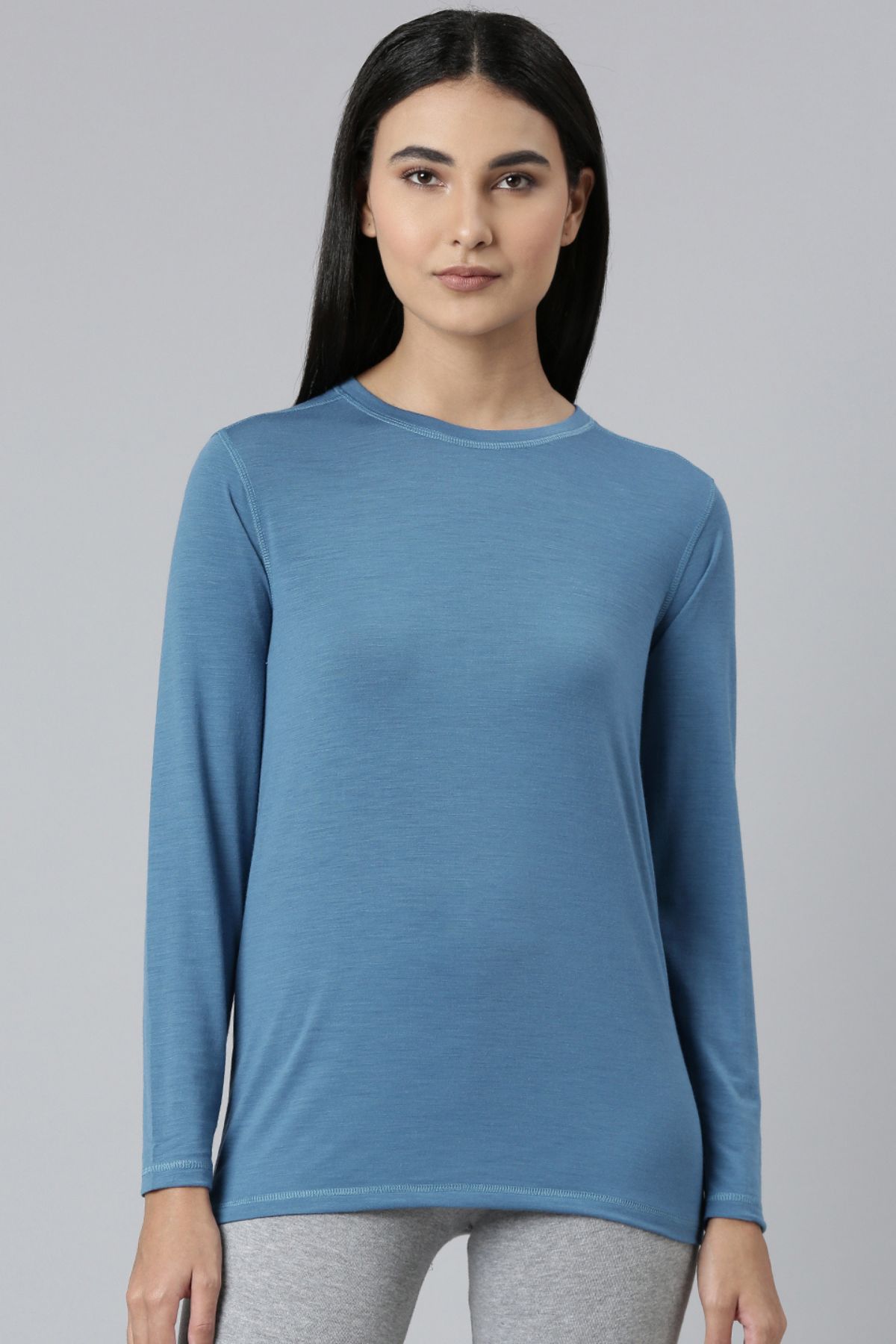 Kunzum Pastel Blue Merino wool, Bamboo & Polyester Full Sleeve Thermal Tee| Women | Snuggle Up With Free Woollen Socks